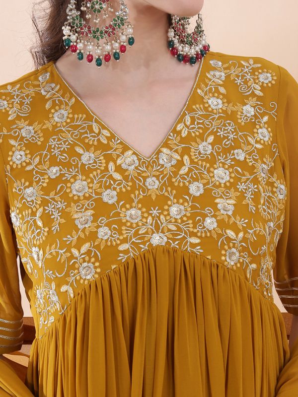 Globus Women Yellow Sequinned Embroidered V-Neck Pleated Flared Hem A-Line Maxi Festive Dress With Dupatta Set