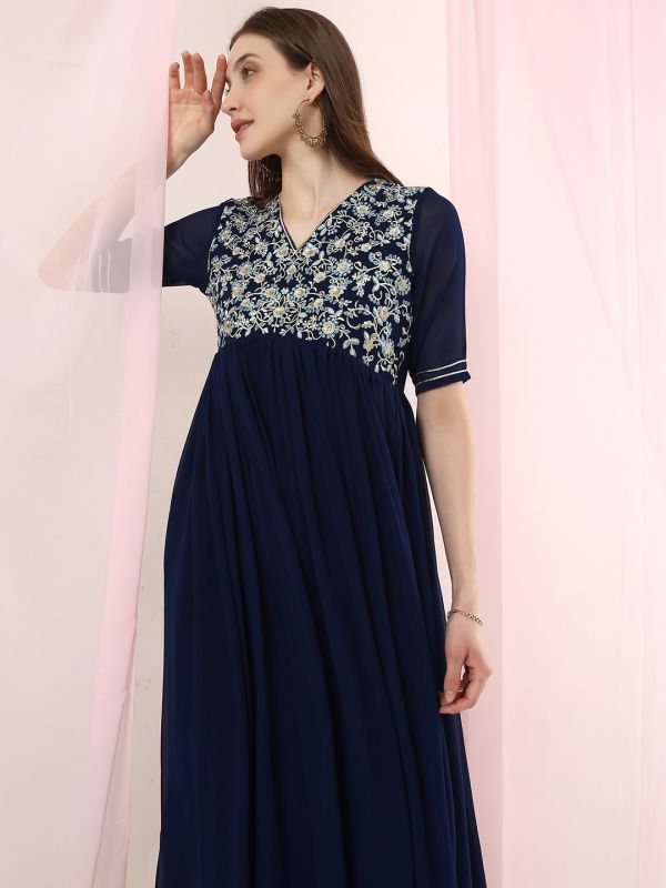 Globus Women Blue Sequinned Embroidered V-Neck Pleated Flared Hem A-Line Maxi Festive Dress With Dupatta Set