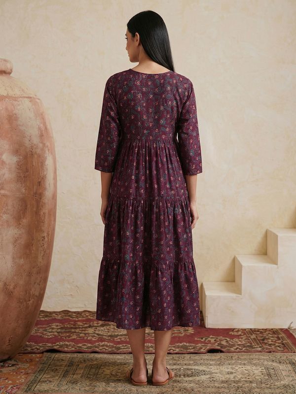 Globus Women Wine Embroidered V-Neck Puff Sleeves Gold Foil Floral Print Gathered & Tiered A-Line Midi Fusion Dress