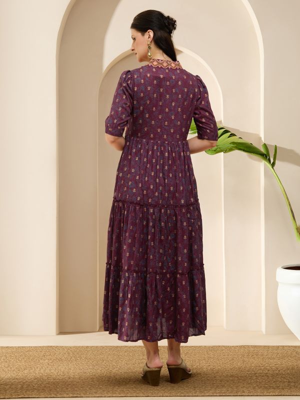 Globus Women Wine Embroidered V-Neck Puff Sleeves Gold Foil Floral Print Gathered & Tiered A-Line Midi Fusion Dress