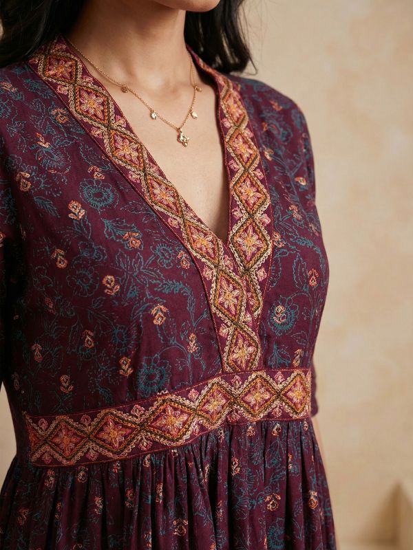 Globus Women Wine Embroidered V-Neck Puff Sleeves Gold Foil Floral Print Gathered & Tiered A-Line Midi Fusion Dress
