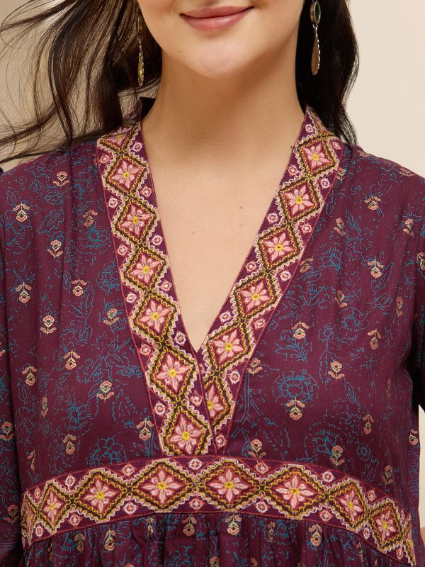 Globus Women Wine Embroidered V-Neck Puff Sleeves Gold Foil Floral Print Gathered & Tiered A-Line Midi Fusion Dress