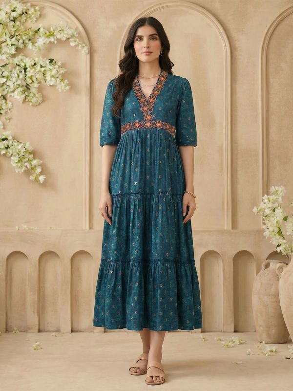 Globus Women Teal Embroidered V-Neck Puff Sleeves Gold Foil Floral Print Gathered & Tiered Midi A-Line Fusion Dress
