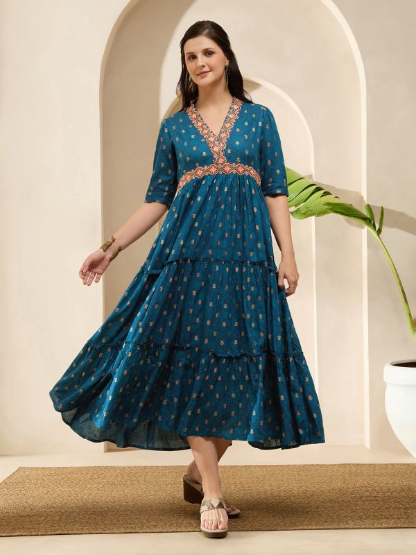 Globus Women Teal Embroidered V-Neck Puff Sleeves Gold Foil Floral Print Gathered & Tiered Midi A-Line Fusion Dress