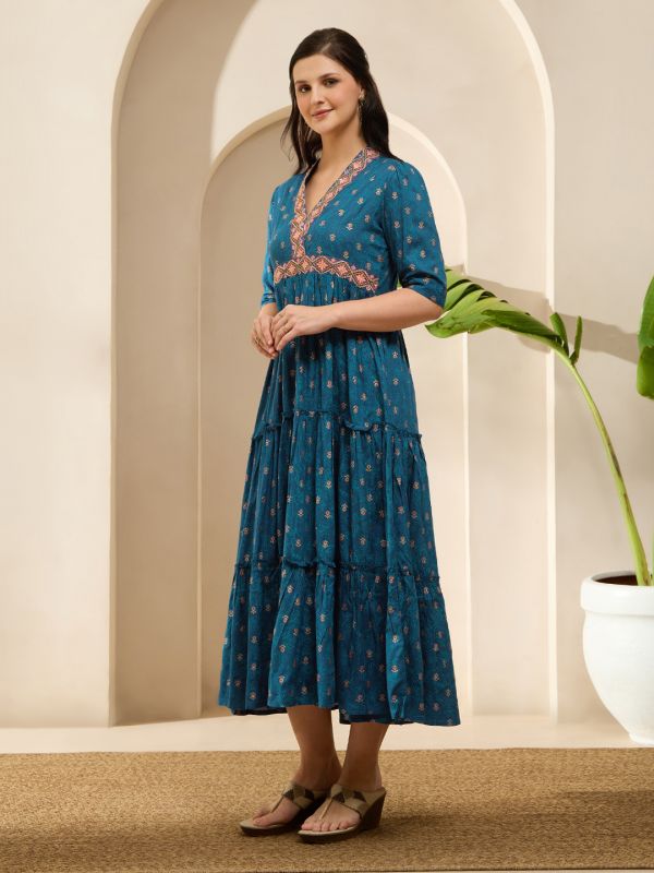Globus Women Teal Embroidered V-Neck Puff Sleeves Gold Foil Floral Print Gathered & Tiered Midi A-Line Fusion Dress