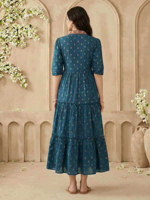 Globus Women Teal Embroidered V-Neck Puff Sleeves Gold Foil Floral Print Gathered & Tiered Midi A-Line Fusion Dress