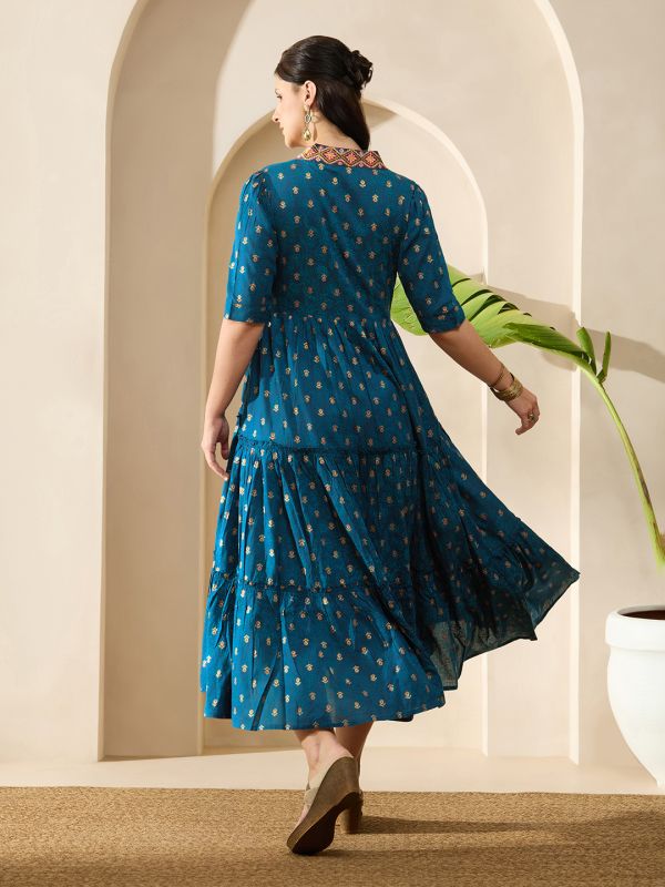 Globus Women Teal Embroidered V-Neck Puff Sleeves Gold Foil Floral Print Gathered & Tiered Midi A-Line Fusion Dress