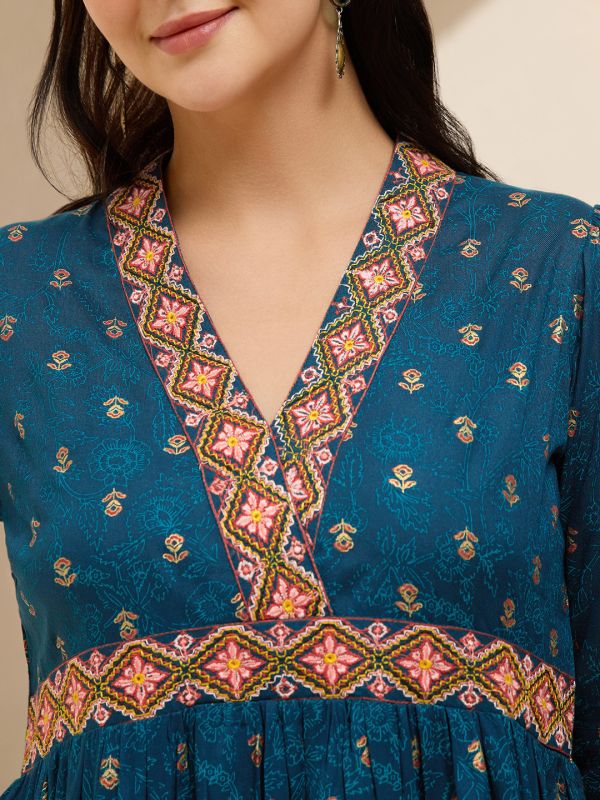 Globus Women Teal Embroidered V-Neck Puff Sleeves Gold Foil Floral Print Gathered & Tiered Midi A-Line Fusion Dress
