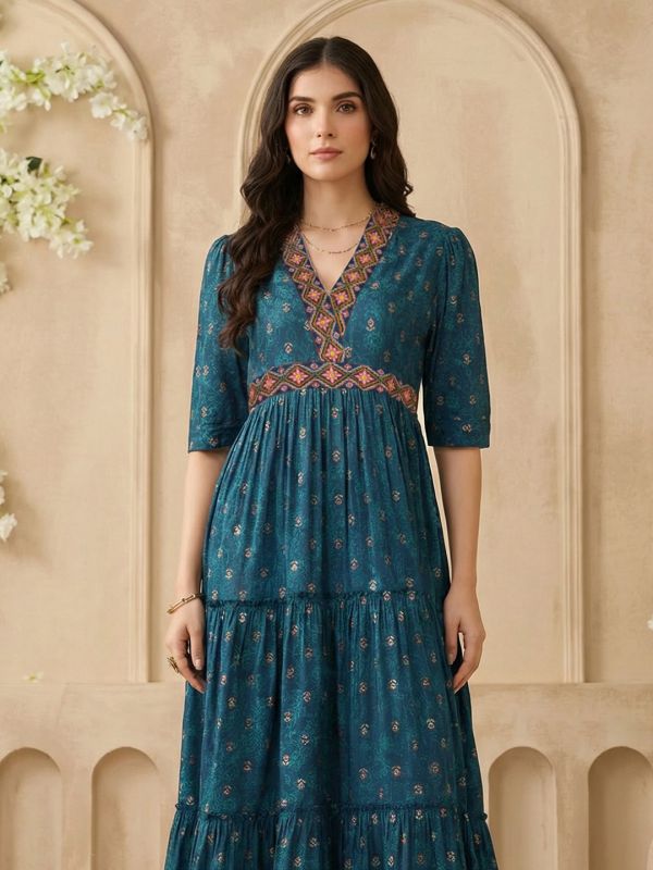 Globus Women Teal Embroidered V-Neck Puff Sleeves Gold Foil Floral Print Gathered & Tiered Midi A-Line Fusion Dress
