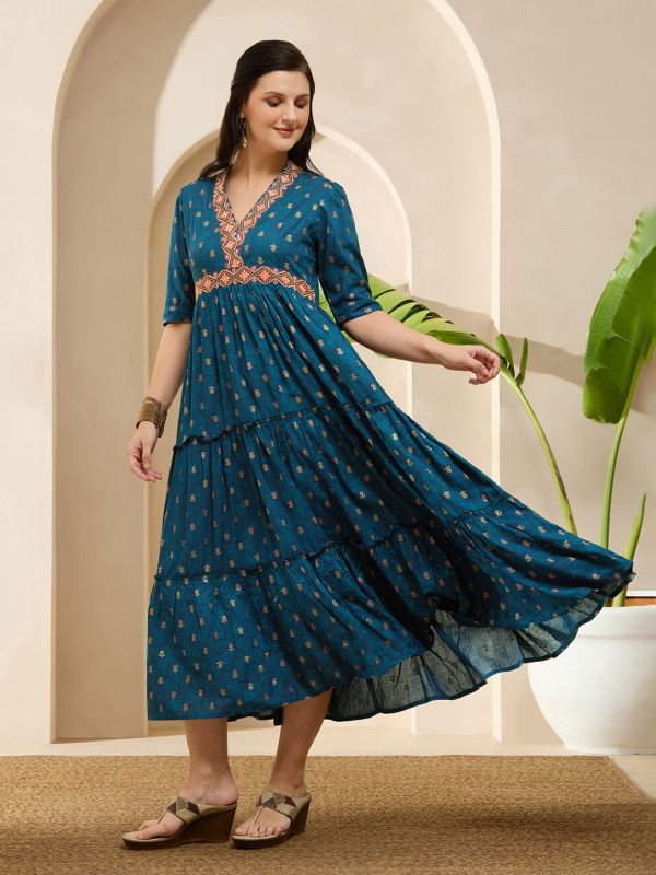 Globus Women Teal Embroidered V-Neck Puff Sleeves Gold Foil Floral Print Gathered & Tiered Midi A-Line Fusion Dress