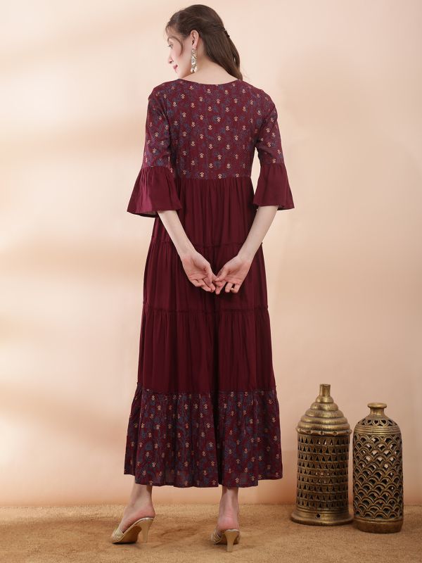 Globus Women Wine Round Neck Bell Sleeves Foil Print Embroidered Yoke Mirror Work Detail Gathered & Tiered Maxi A-Line Fusion Dress