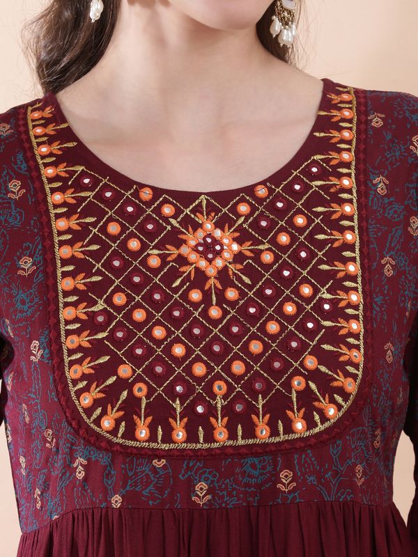 Globus Women Wine Round Neck Bell Sleeves Foil Print Embroidered Yoke Mirror Work Detail Gathered & Tiered Maxi A-Line Fusion Dress