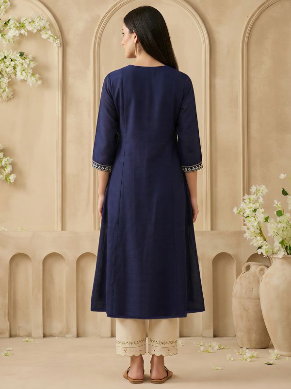 Globus Women Navy Blue Floral Embroidered Zari Yoke Detail Round Neck Panelled Anarkali Festive Kurta