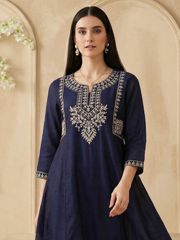 Globus Women Navy Blue Floral Embroidered Zari Yoke Detail Round Neck Panelled Anarkali Festive Kurta