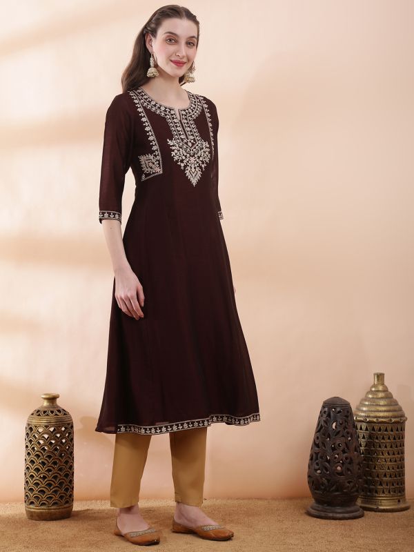 Globus Women Brown Floral Embroidered Yoke Detail Round Neck Panelled Anarkali Festive Kurta