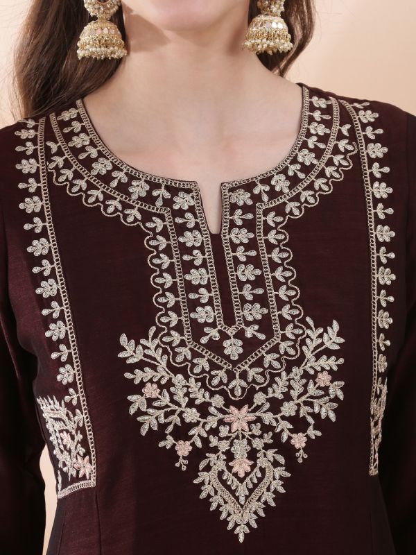 Globus Women Brown Floral Embroidered Yoke Detail Round Neck Panelled Anarkali Festive Kurta