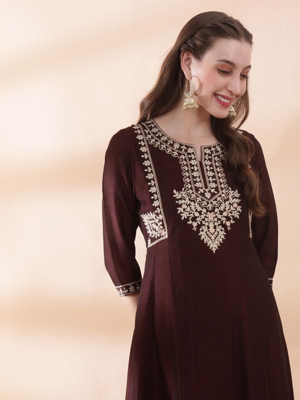 Globus Women Brown Floral Embroidered Yoke Detail Round Neck Panelled Anarkali Festive Kurta