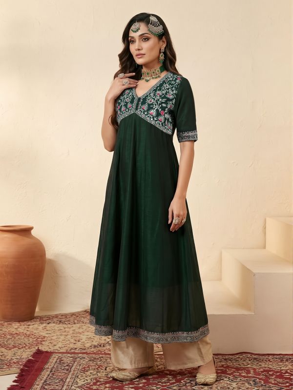 Globus Women Green Sequinned Floral Embroidered Zari Yoke V-Neck Short Sleeves Alia Cut A-Line Festive Kurta