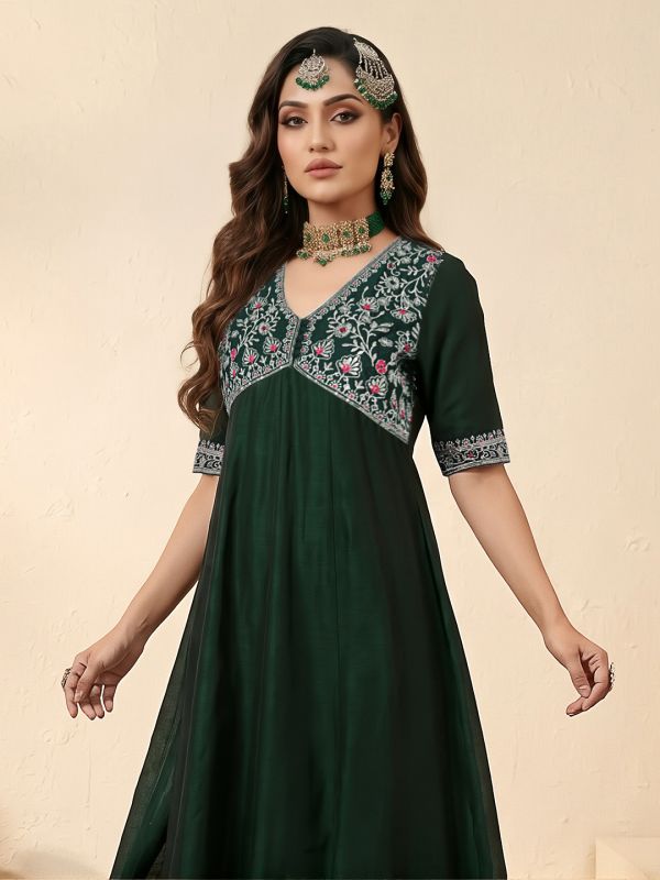 Globus Women Green Sequinned Floral Embroidered Zari Yoke V-Neck Short Sleeves Alia Cut A-Line Festive Kurta