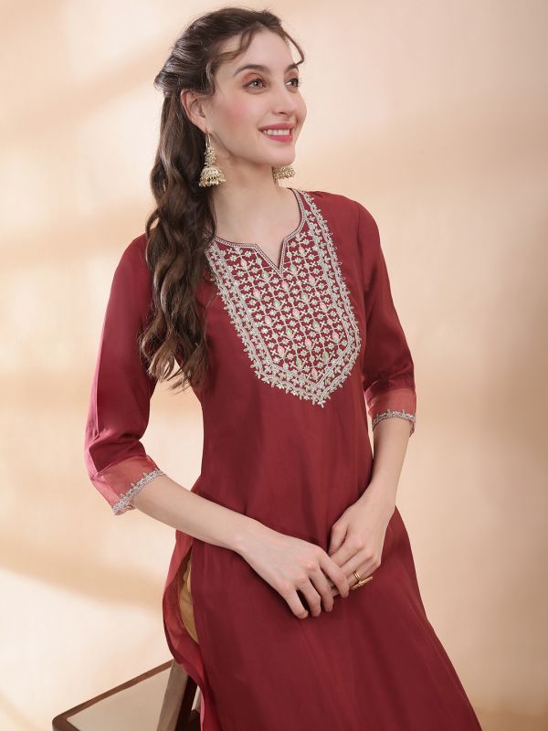 Globus Women Brown Sequinned & Zari Embroidered Yoke Round Neck Scalloped Sleeves Side Slits Festive Kurta