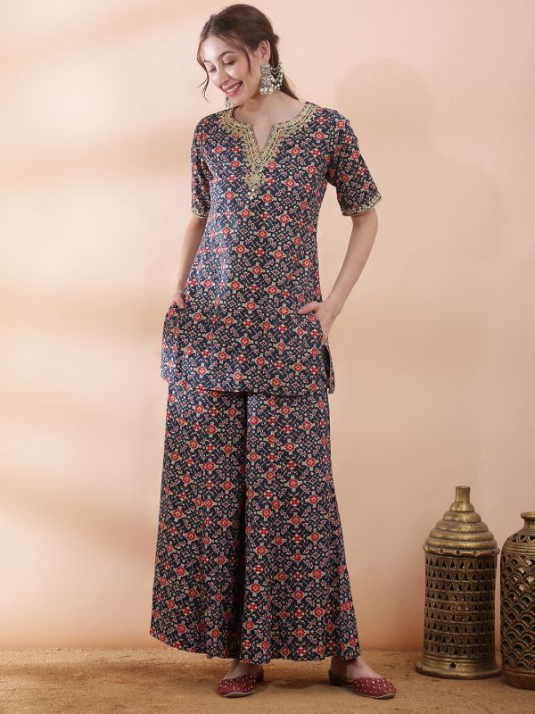 Globus Women Navy Blue Embroidered & Mirror Work Yoke Ethnic Print Kurti with Wide Leg Palazzos Festive Co-Ord Set