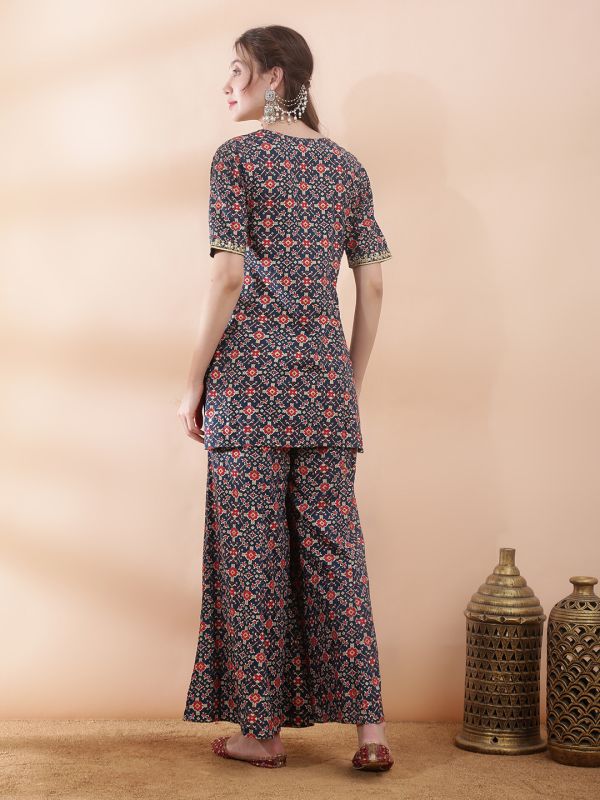 Globus Women Navy Blue Embroidered & Mirror Work Yoke Ethnic Print Kurti with Wide Leg Palazzos Festive Co-Ord Set