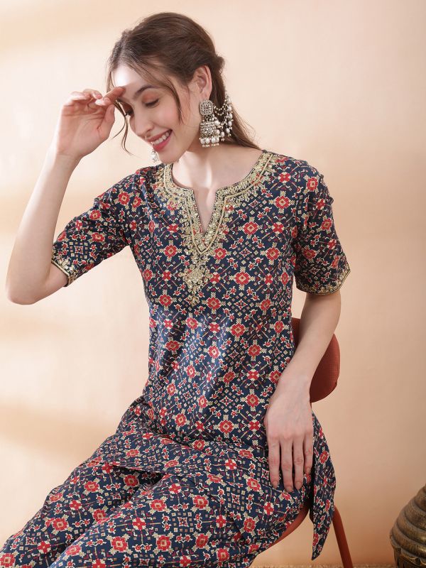 Globus Women Navy Blue Embroidered & Mirror Work Yoke Ethnic Print Kurti with Wide Leg Palazzos Festive Co-Ord Set
