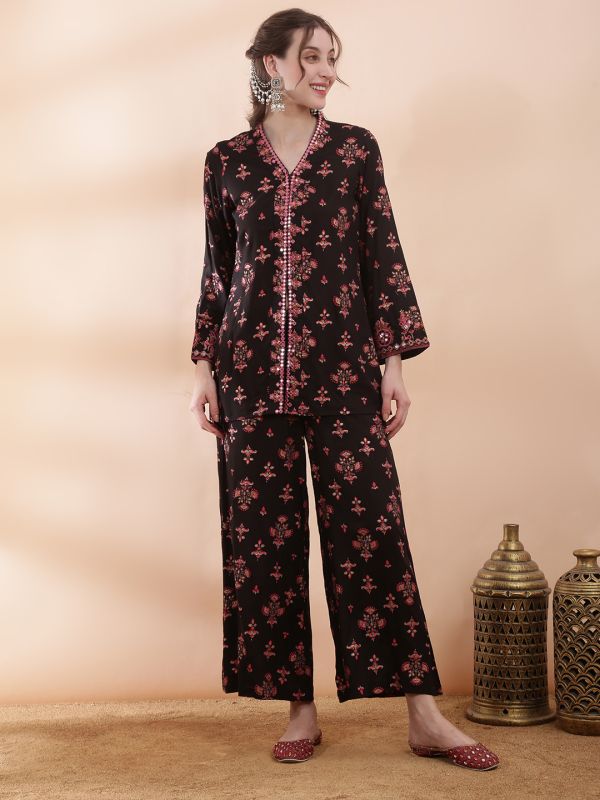 Globus Women Black V-Neck Bell Sleeves Embroidered & Mirror Work Detail Ethnic Print Front Slit Top with Pants Fusion Co-ord Set