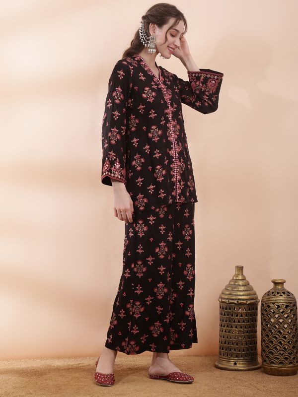 Globus Women Black V-Neck Bell Sleeves Embroidered & Mirror Work Detail Ethnic Print Front Slit Top with Pants Fusion Co-ord Set