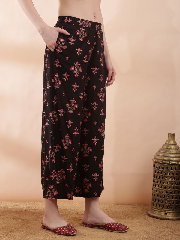 Globus Women Black V-Neck Bell Sleeves Embroidered & Mirror Work Detail Ethnic Print Front Slit Top with Pants Fusion Co-ord Set
