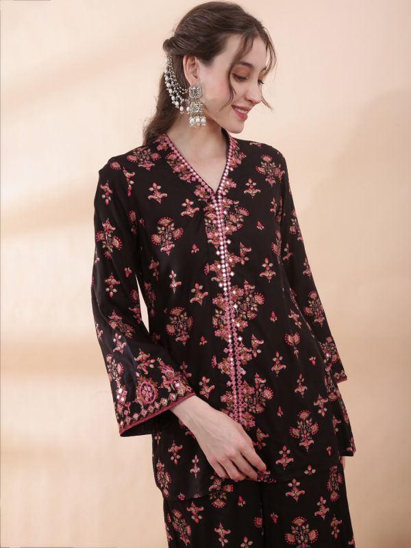 Globus Women Black V-Neck Bell Sleeves Embroidered & Mirror Work Detail Ethnic Print Front Slit Top with Pants Fusion Co-ord Set