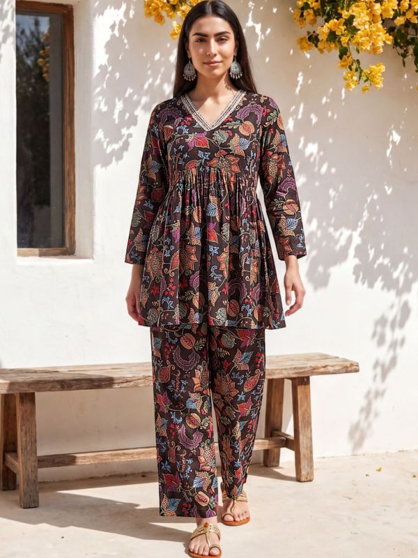 Globus Women Black V-Neck Ethnic Print Gathered A-Line Tunic With Pants Co-Ord Set
