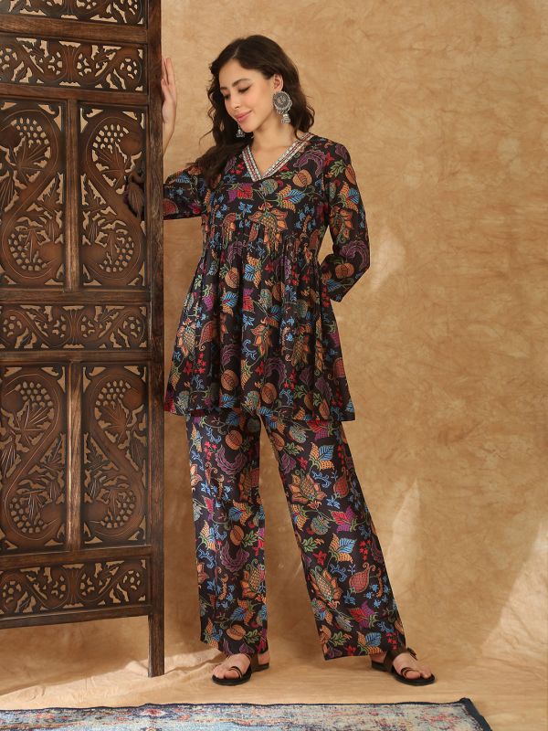 Globus Women Black V-Neck Ethnic Print Gathered A-Line Tunic With Pants Co-Ord Set