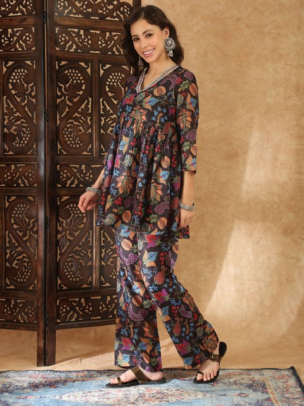 Globus Women Black V-Neck Ethnic Print Gathered A-Line Tunic With Pants Co-Ord Set