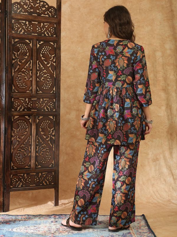 Globus Women Black V-Neck Ethnic Print Gathered A-Line Tunic With Pants Co-Ord Set
