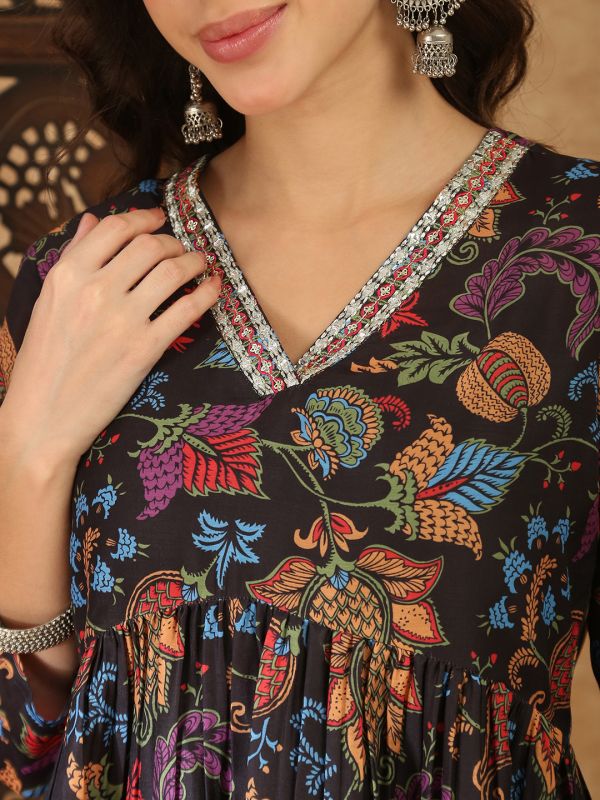 Globus Women Black V-Neck Ethnic Print Gathered A-Line Tunic With Pants Co-Ord Set