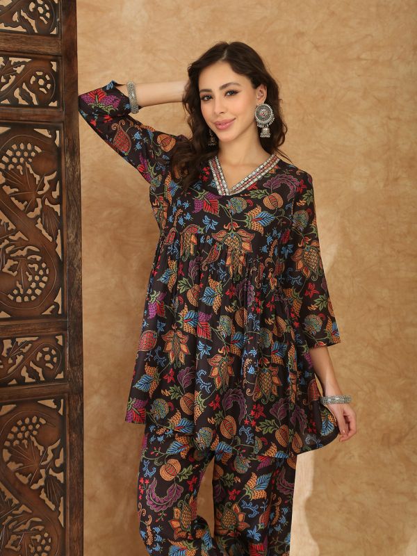 Globus Women Black V-Neck Ethnic Print Gathered A-Line Tunic With Pants Co-Ord Set
