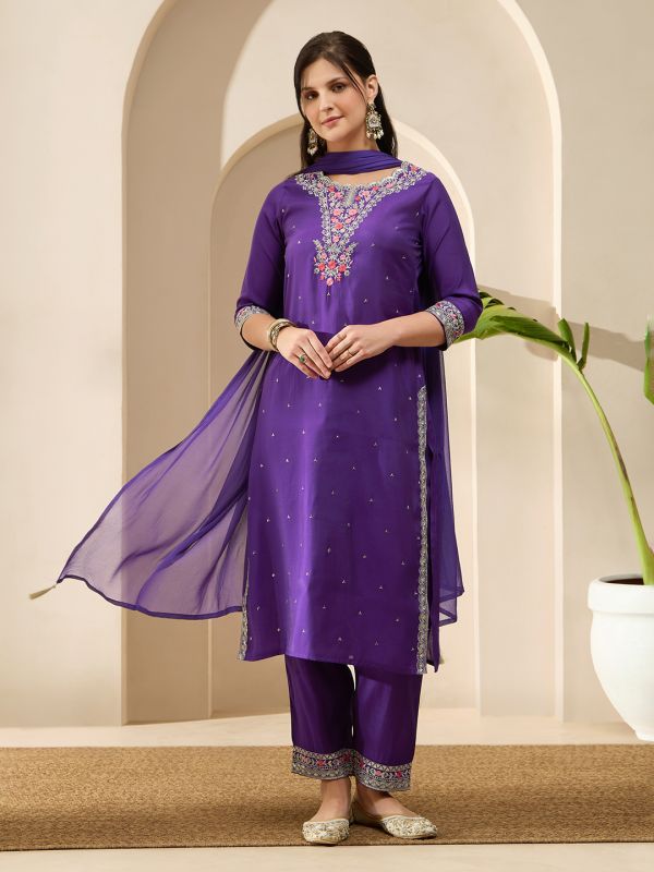 Globus Women Purple Scalloped Round Neck Embroidered Yoke A-Line Kurta with Wide Leg Pants & Dupatta Festive Set