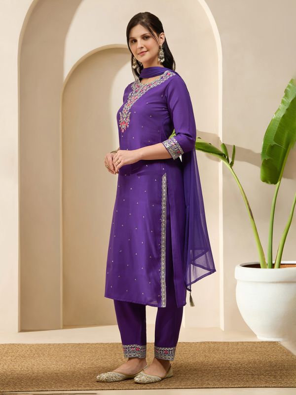 Globus Women Purple Scalloped Round Neck Embroidered Yoke A-Line Kurta with Wide Leg Pants & Dupatta Festive Set