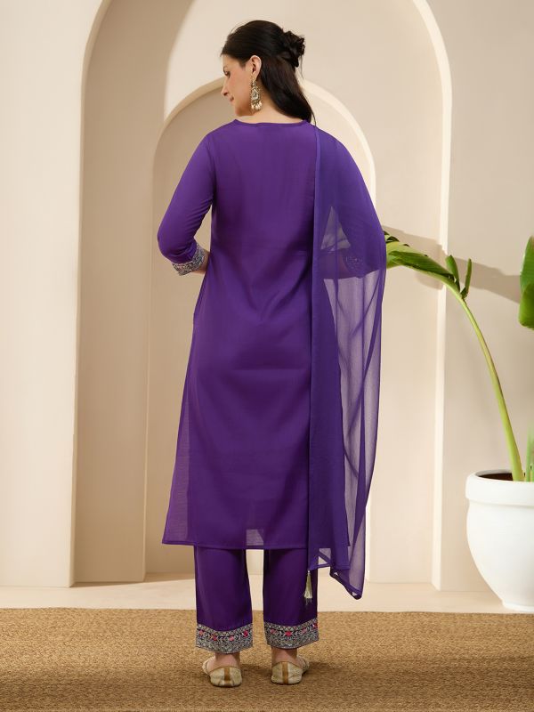 Globus Women Purple Scalloped Round Neck Embroidered Yoke A-Line Kurta with Wide Leg Pants & Dupatta Festive Set