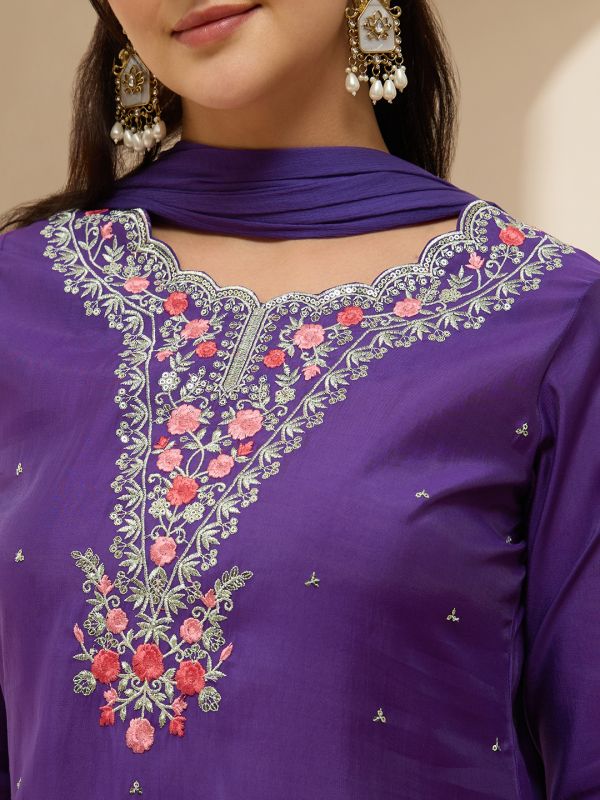Globus Women Purple Scalloped Round Neck Embroidered Yoke A-Line Kurta with Wide Leg Pants & Dupatta Festive Set