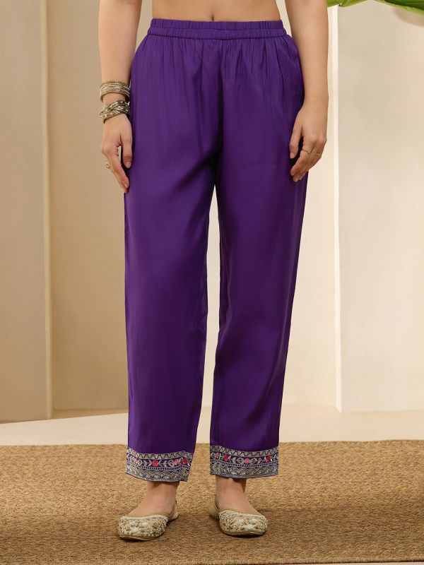 Globus Women Purple Scalloped Round Neck Embroidered Yoke A-Line Kurta with Wide Leg Pants & Dupatta Festive Set