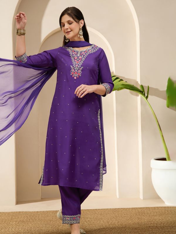 Globus Women Purple Scalloped Round Neck Embroidered Yoke A-Line Kurta with Wide Leg Pants & Dupatta Festive Set
