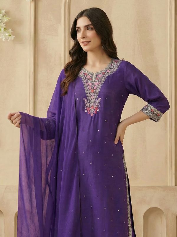 Globus Women Purple Scalloped Round Neck Embroidered Yoke A-Line Kurta with Wide Leg Pants & Dupatta Festive Set