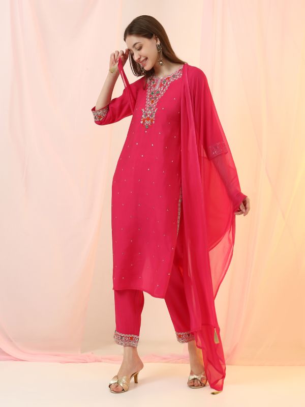 Globus Women Pink Scalloped Floral Embroidered Round Neck Straight Kurta with Pants & Dupatta Festive Set