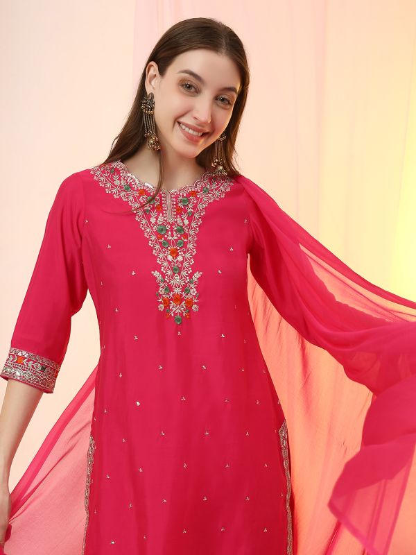 Globus Women Pink Scalloped Floral Embroidered Round Neck Straight Kurta with Pants & Dupatta Festive Set