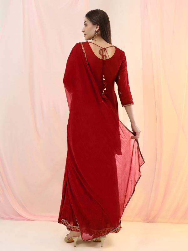 Globus Women Wine Round Neck Sequinned & Mirror Embroidered Yoke Back Tie-Up Kurti With Pants & Dupatta Festive Set
