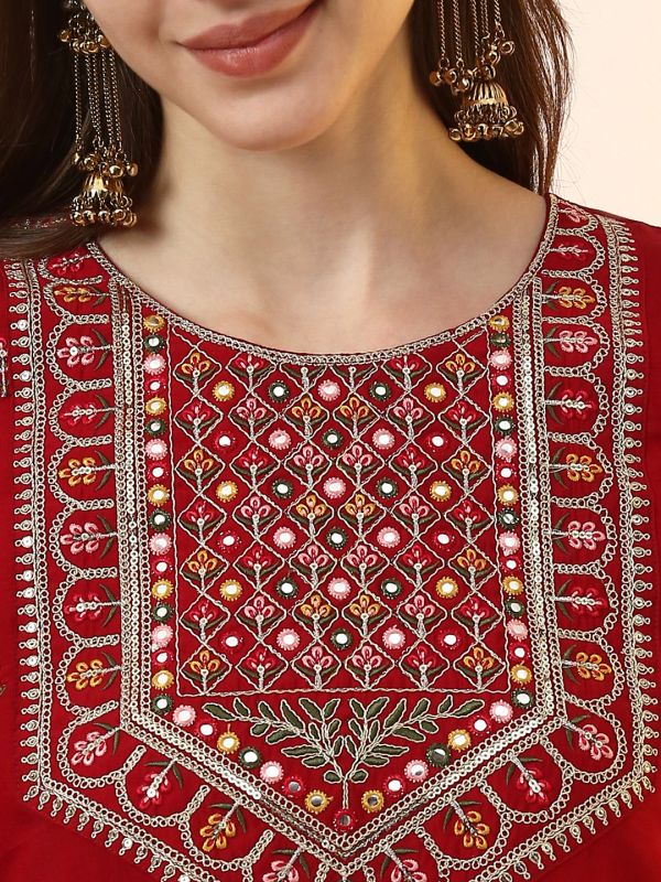 Globus Women Wine Round Neck Sequinned & Mirror Embroidered Yoke Back Tie-Up Kurti With Pants & Dupatta Festive Set