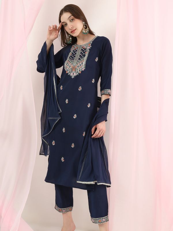 Globus Women Blue Round Neck Sequinned Floral Embroidered Straight Kurta with Pants & Gotta Lace Dupatta Festive Set