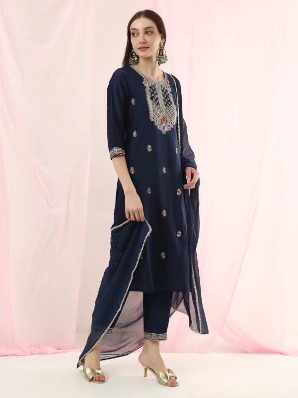 Globus Women Blue Round Neck Sequinned Floral Embroidered Straight Kurta with Pants & Gotta Lace Dupatta Festive Set